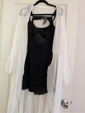 Black Lace Chemise Slip with Sheer Overlay - Women Intimates & Sleepwear